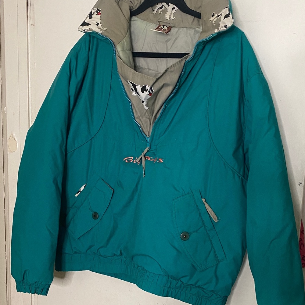 Big Dogs Teal Windbreaker Pullover with Dog-Print Hood Lining